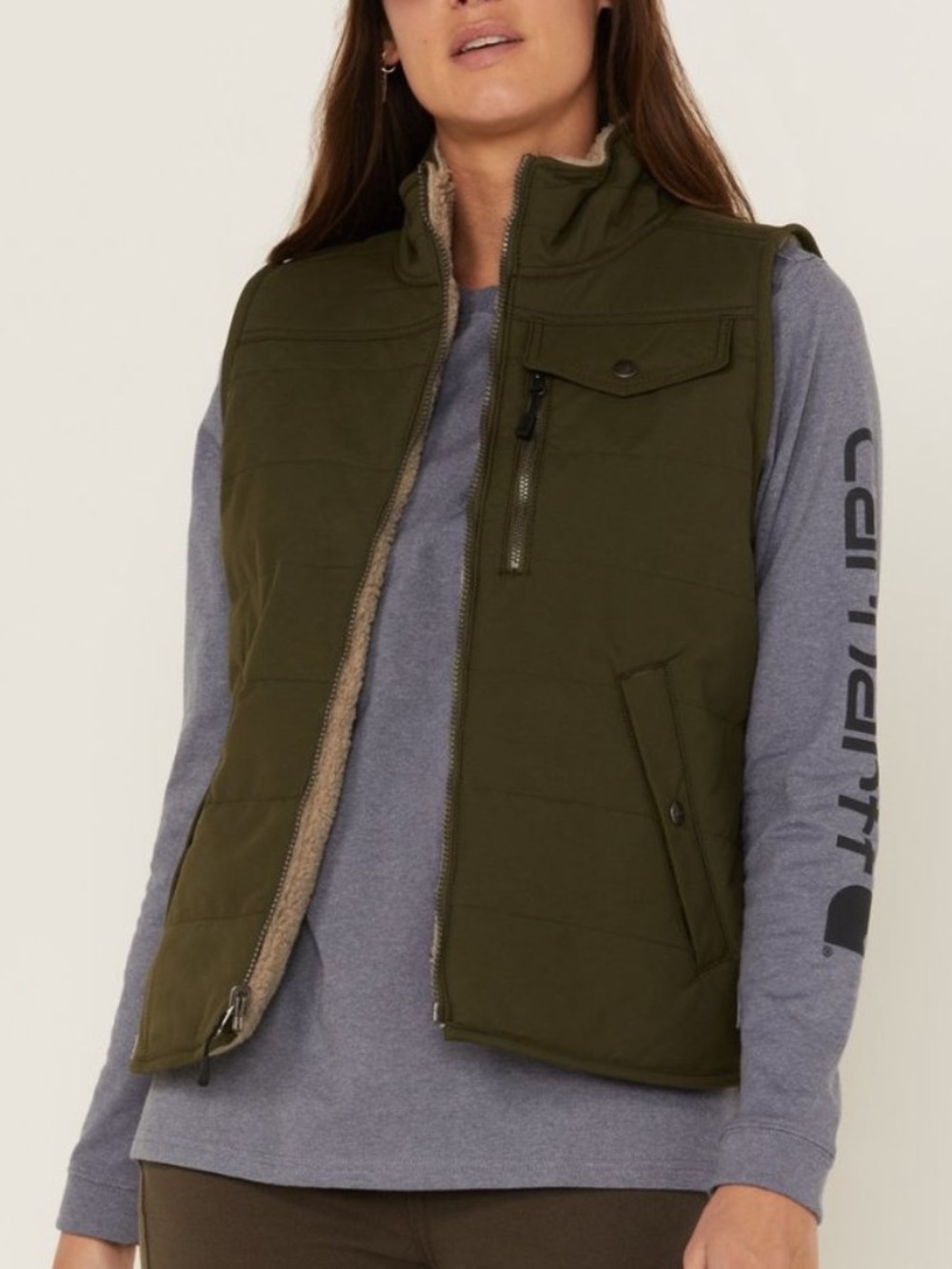 Carhartt Utility Sherpa Lined Reversible Vest in Basil - Picture 1 of 9